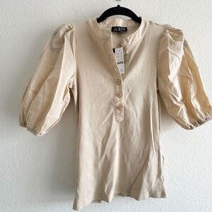 J.Crew New Vintage Rib Puff Sleeve Henley Top in Light Khaki Natural Size XXS